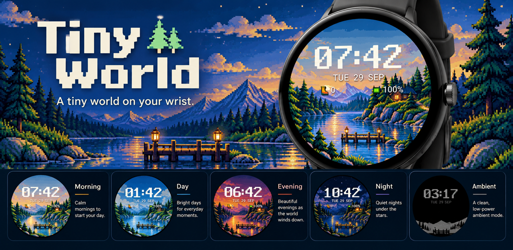 Tiny World Watch Face on a Wear OS watch with morning, day, evening, night and ambient scenes