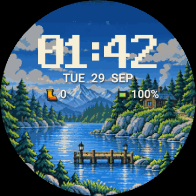 Tiny World watch face showing the daytime lakeside scene, time, date, steps and battery